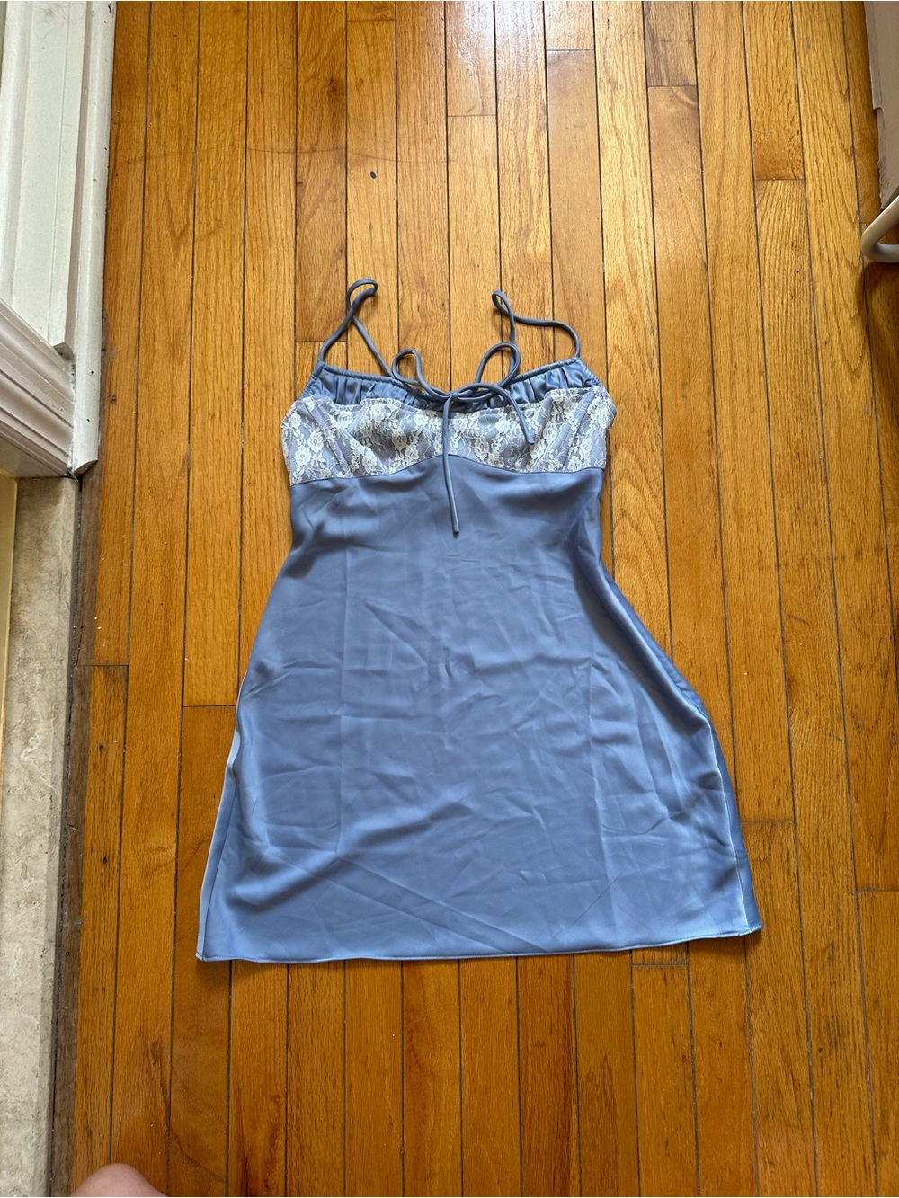 Urban Outfitters Blue Satin Lace-Trim Chemise